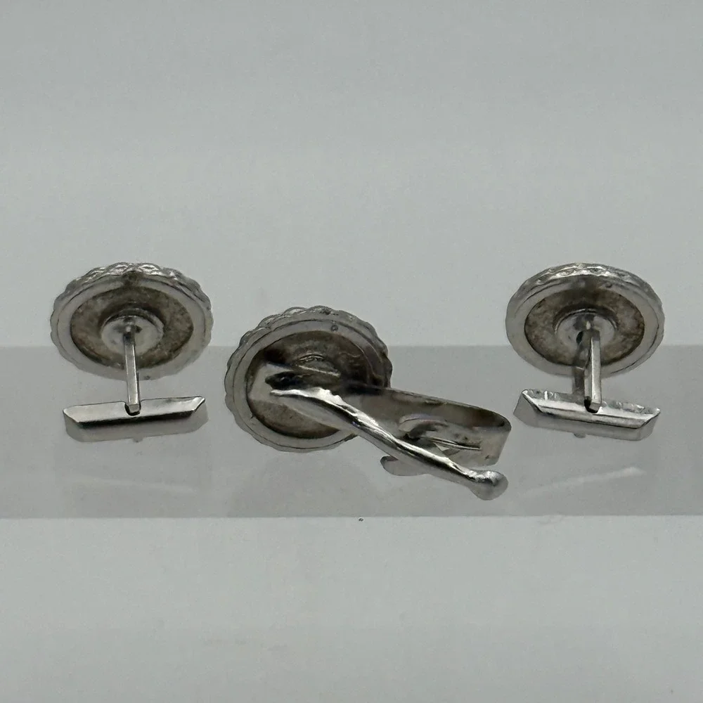 Vintage Silver Tone Horse Head Cufflinks & Tie Clip Set Black Enamel Equestrian